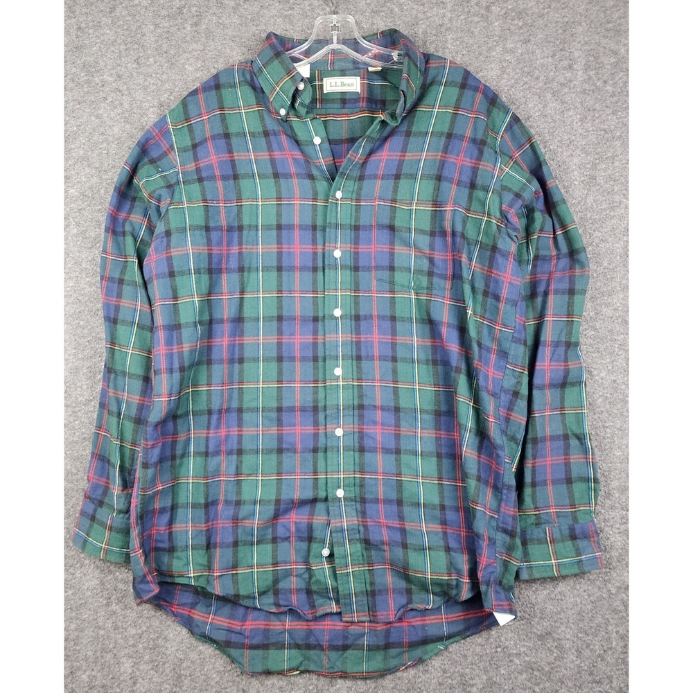 LL Bean Flannel Shirt Mens Large Tall Green Blue‎ Plaid Button Down Cotton